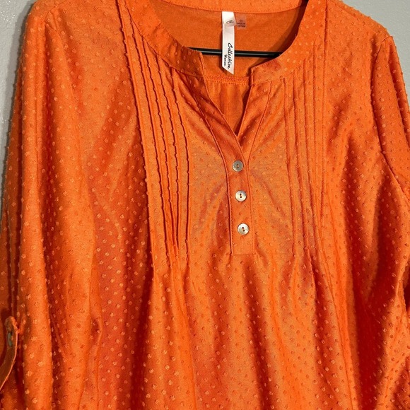 NY Collection Tunic Blouse Roll-Tab Sleeve Textured Button Up Orange 1X - Picture 5 of 6